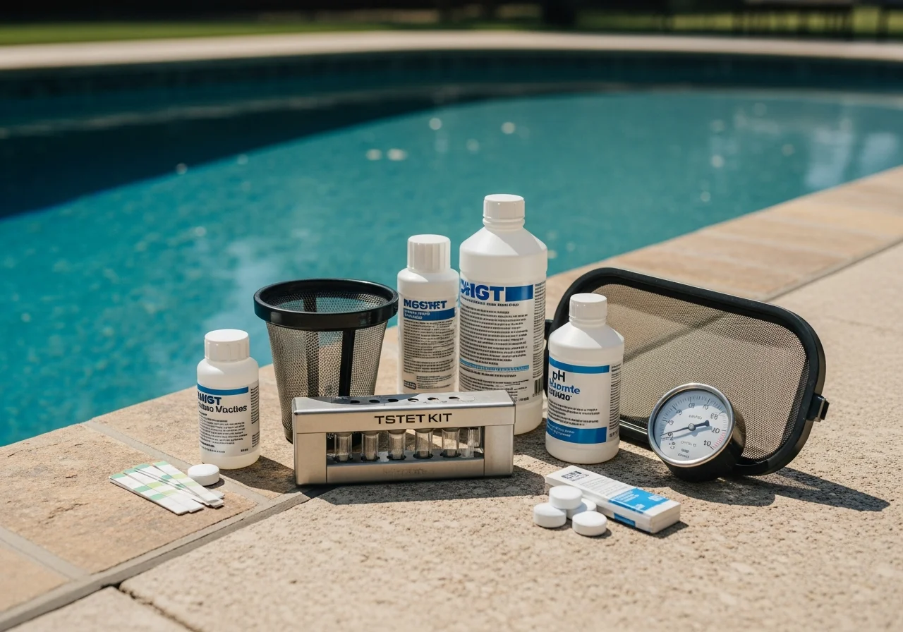Pool service technician inspecting equipment and water chemistry at a residential pool installation.