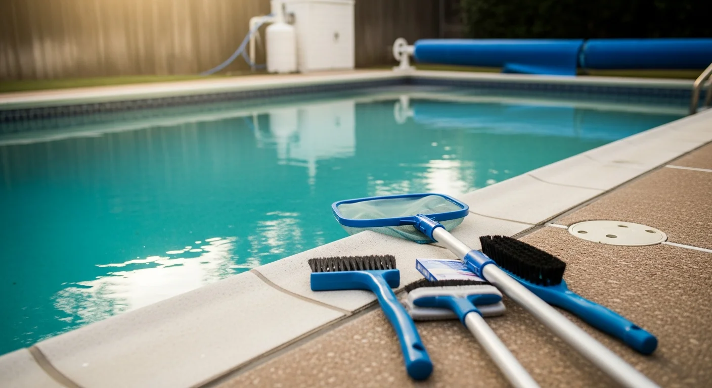 Technician performing weekly pool maintenance and water testing