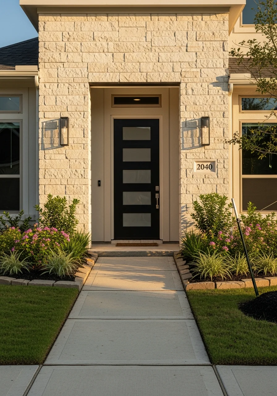 Entrance to a League City home with contemporary design and well-maintained front landscaping.