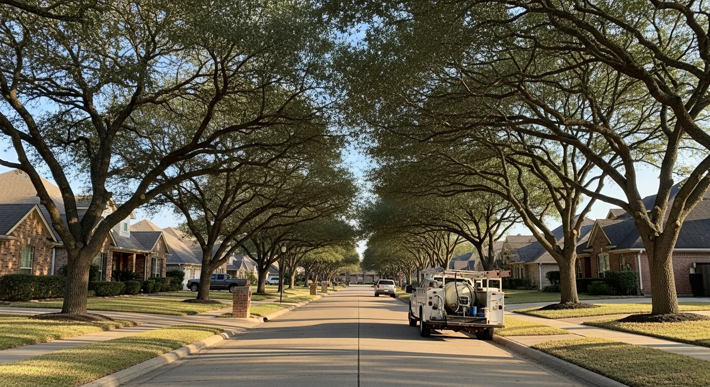 Residential street in Pasadena, TX with well-maintained homes and mature trees lining the sidewalk.