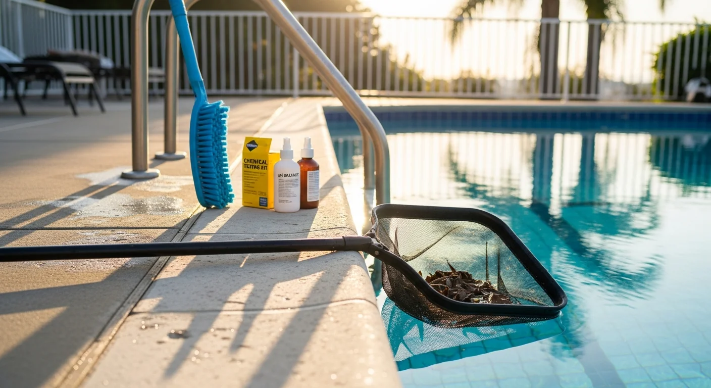 A Poolside Professionals technician brushing the walls of a clean residential swimming pool in Pasadena, California, with a skimmer pole and chemical testing kit visible on the pool deck.