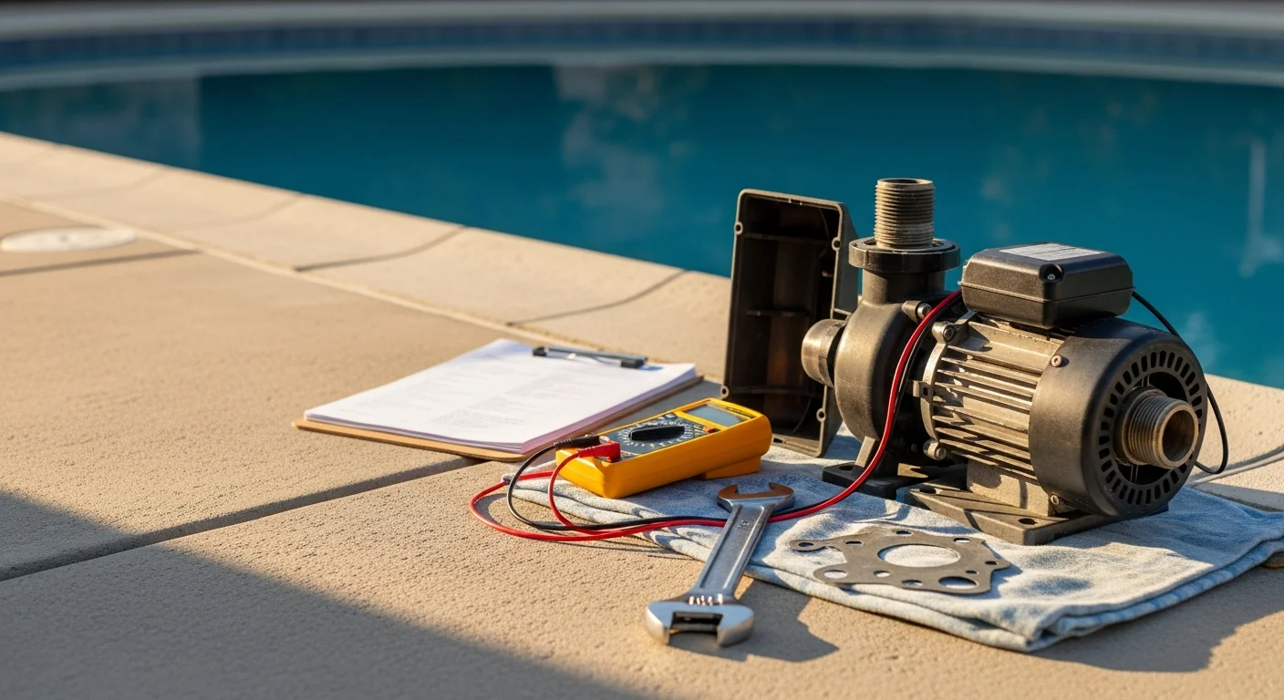 A Poolside Professionals technician inspecting a pool pump and equipment pad during an emergency service call at a Pasadena residential property. The pool in the background shows clear water being restored after a circulation failure.