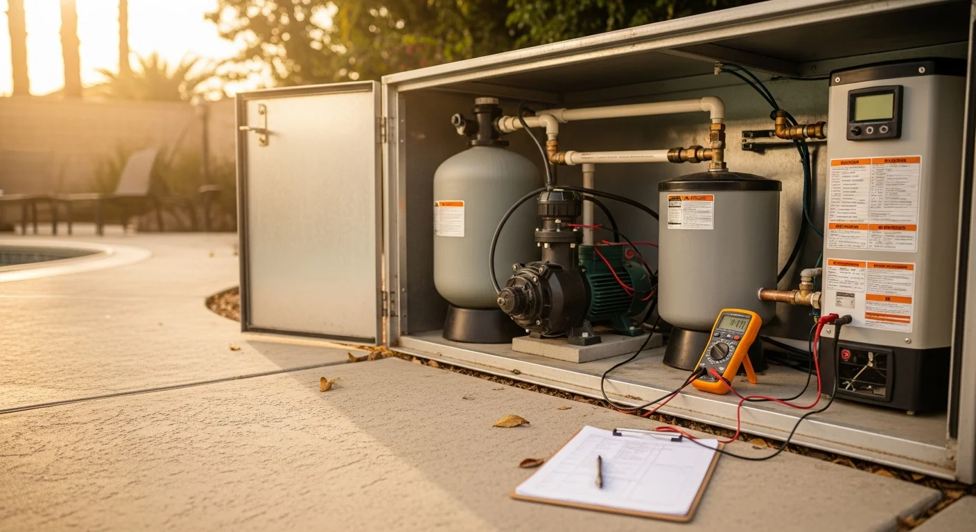 A pool service technician inspecting a pool pump and filter system at a residential property in Pasadena, California. The equipment pad shows the pump, filter housing, and electrical connections being evaluated in a sunny backyard setting.