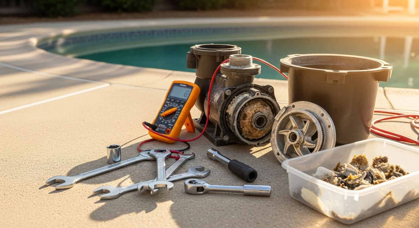 A pool equipment technician from Poolside Professionals inspecting a pump and filter system beside a residential pool in Pasadena, CA. The equipment pad shows a heater, circulation pump, and filter housing in a typical Southern California backyard setting.
