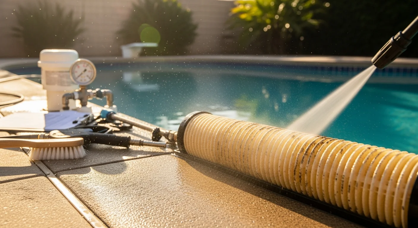 A pool technician from Poolside Professionals removing and inspecting a cartridge filter at a residential pool in Pasadena. The filter housing is open and the cartridge is being rinsed clean beside a clear, well-maintained backyard pool.