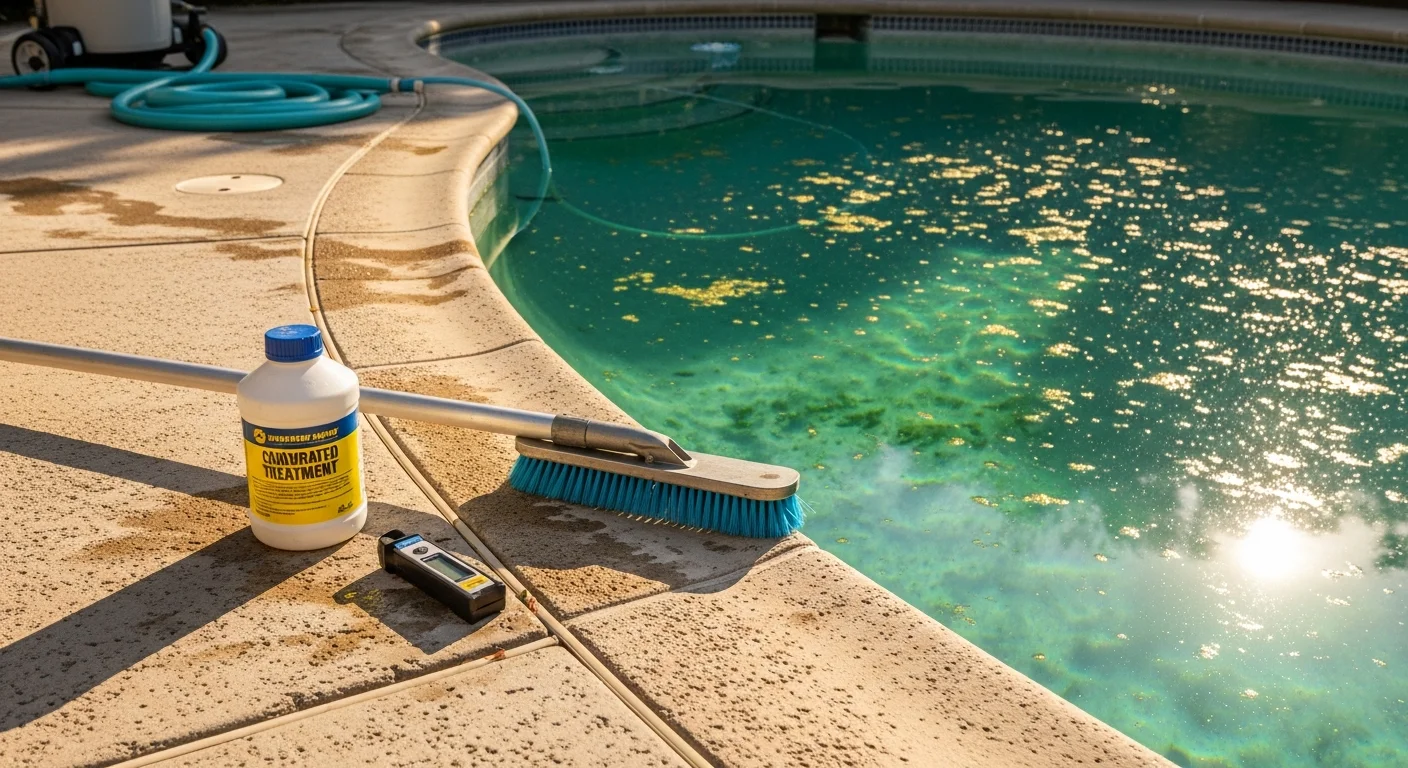 A Pasadena backyard swimming pool with water transitioning from murky green to clear blue during a professional green pool recovery service. A pool technician brushes the walls while filtration equipment runs alongside the pool deck.