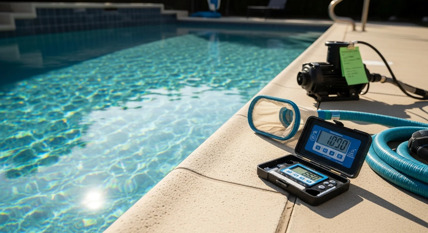 A Poolside Professionals technician vacuuming the floor of a backyard pool in Pasadena, California, with clear blue water and a clean tile line visible along the pool edge. The surrounding patio shows a typical Southern California residential yard on a sunny day.