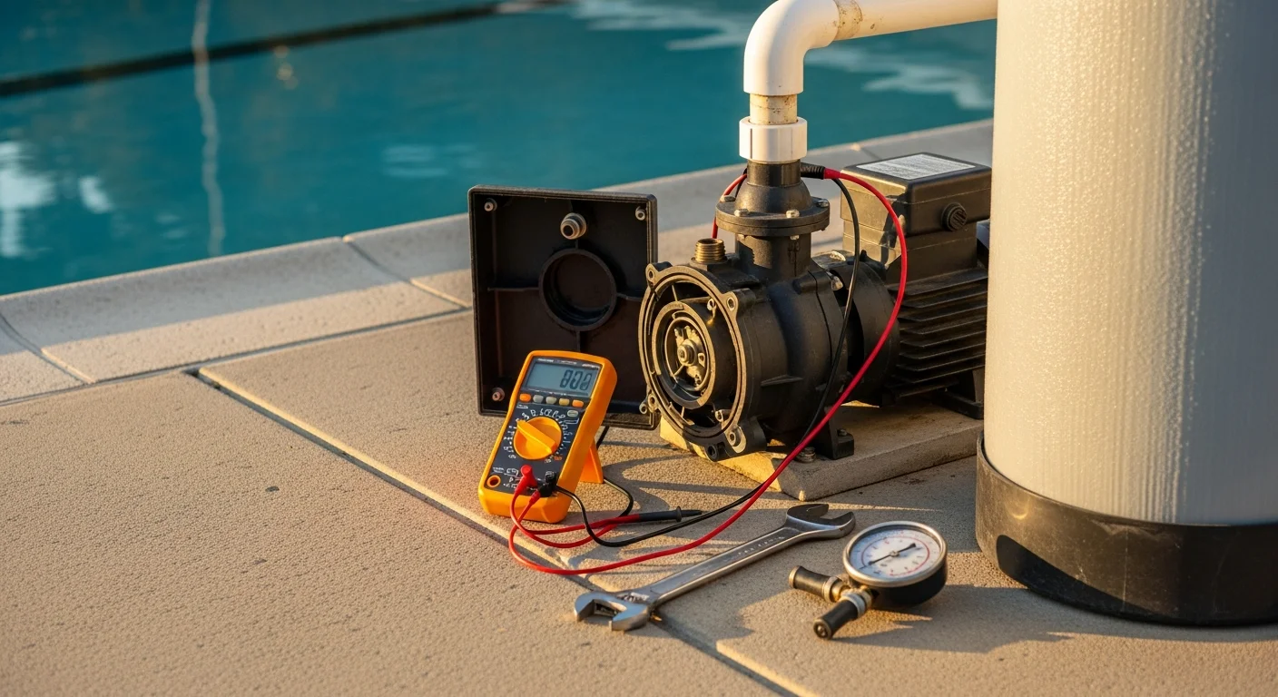 A pool equipment technician inspecting a pump and filter system beside a residential backyard pool in Pasadena, California. The equipment pad shows a heater and circulation components typical of Southern California pool installations.