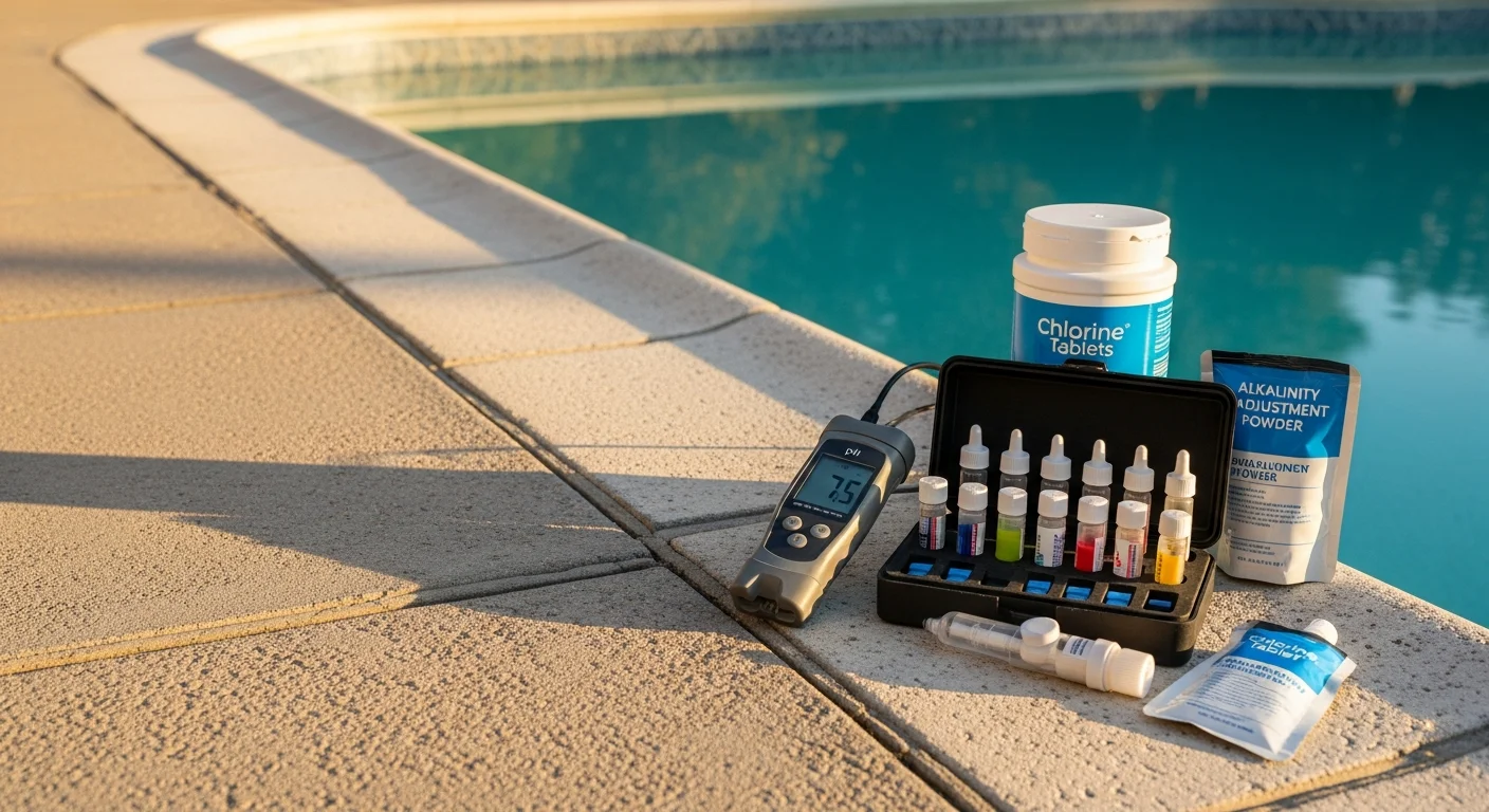 A Poolside Professionals technician testing pool water chemistry at a residential pool in Pasadena, with a clear blue pool and visible tile waterline in the background. The technician holds a water testing kit and records readings on a clipboard poolside.