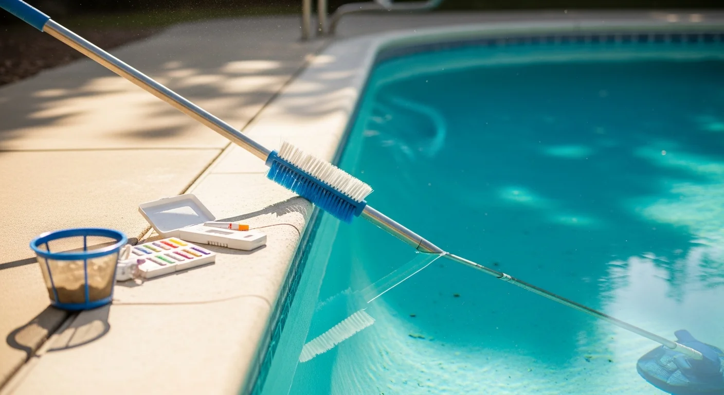 A Poolside Professionals technician skimming and brushing the walls of a clear residential pool in Pasadena, California. The pool deck is dry and clean with a sunny Southern California sky visible overhead.